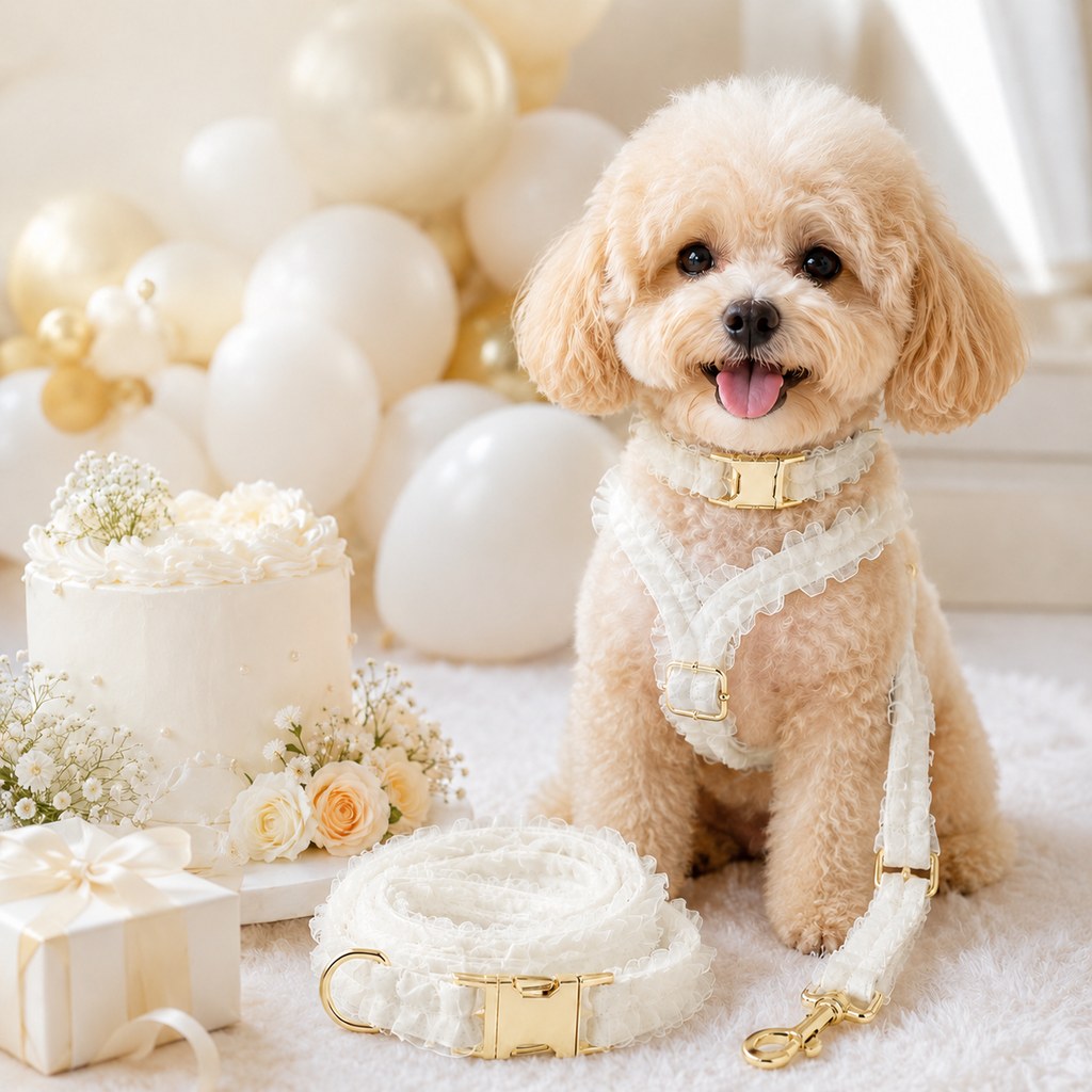 MirokenBoutique Lace Dog Harness, Collar & Leash Set for Birthday Photos & Daily Walks - 3-Piece Ruffle Walking Set