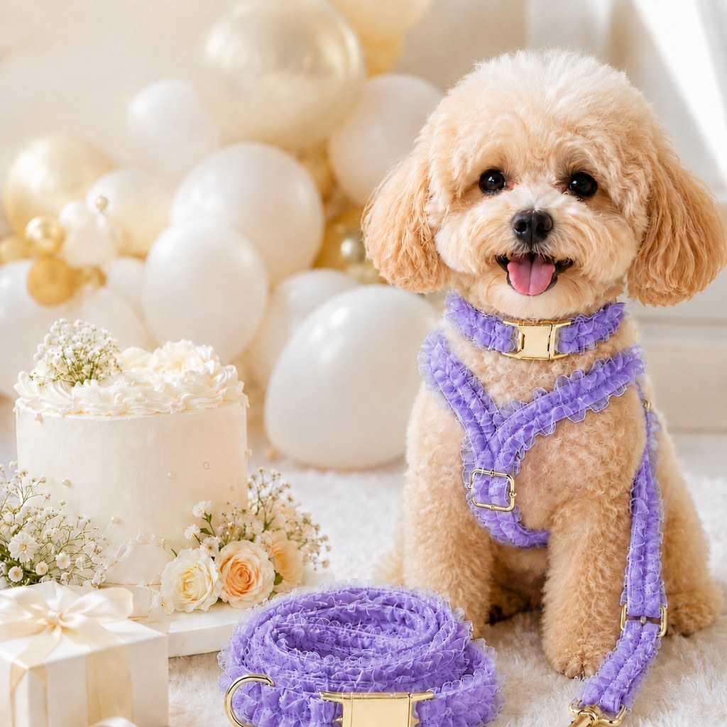 MirokenBoutique Lace Dog Harness, Collar & Leash Set for Birthday Photos & Daily Walks - 3-Piece Ruffle Walking Set