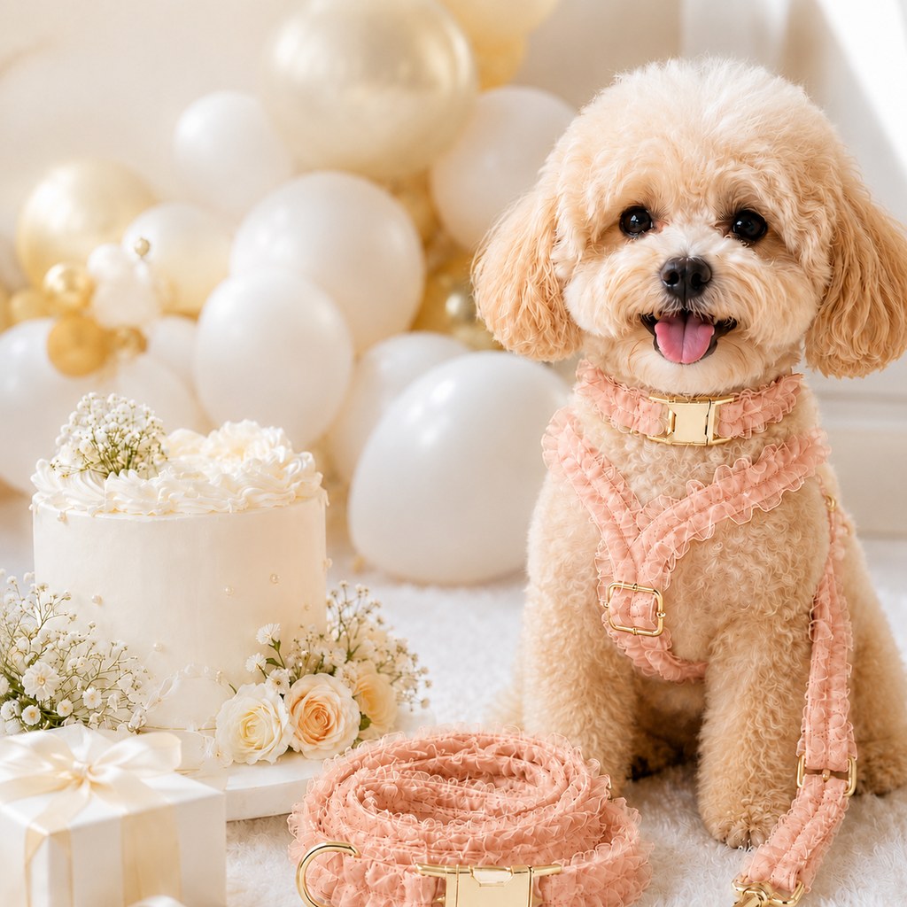 MirokenBoutique Lace Dog Harness, Collar & Leash Set for Birthday Photos & Daily Walks - 3-Piece Ruffle Walking Set