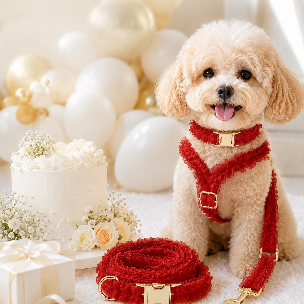 MirokenBoutique Lace Dog Harness, Collar & Leash Set for Birthday Photos & Daily Walks - 3-Piece Ruffle Walking Set
