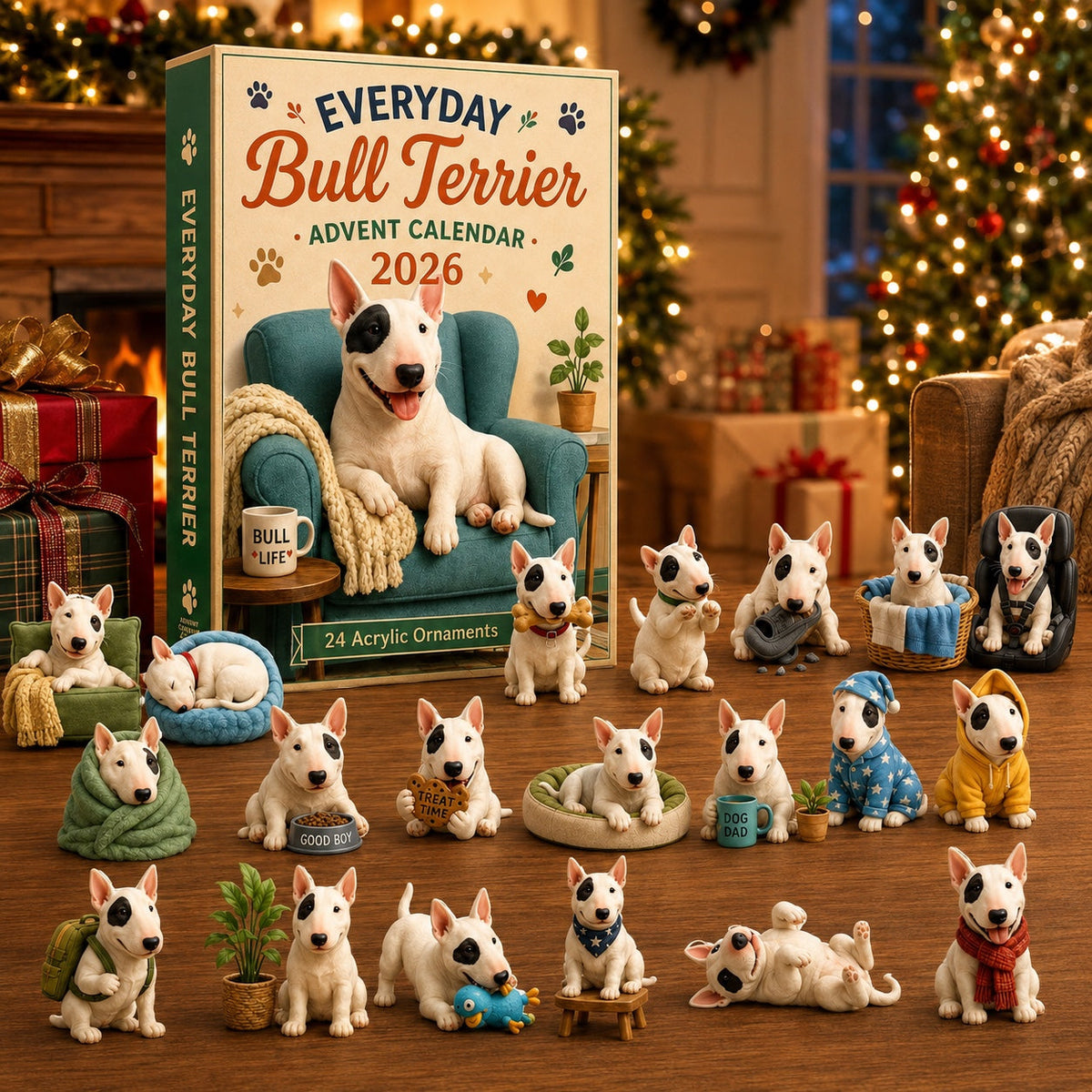Bull Terrier Advent Calendar 2026 - 24 Acrylic Bull Terrier Ornaments