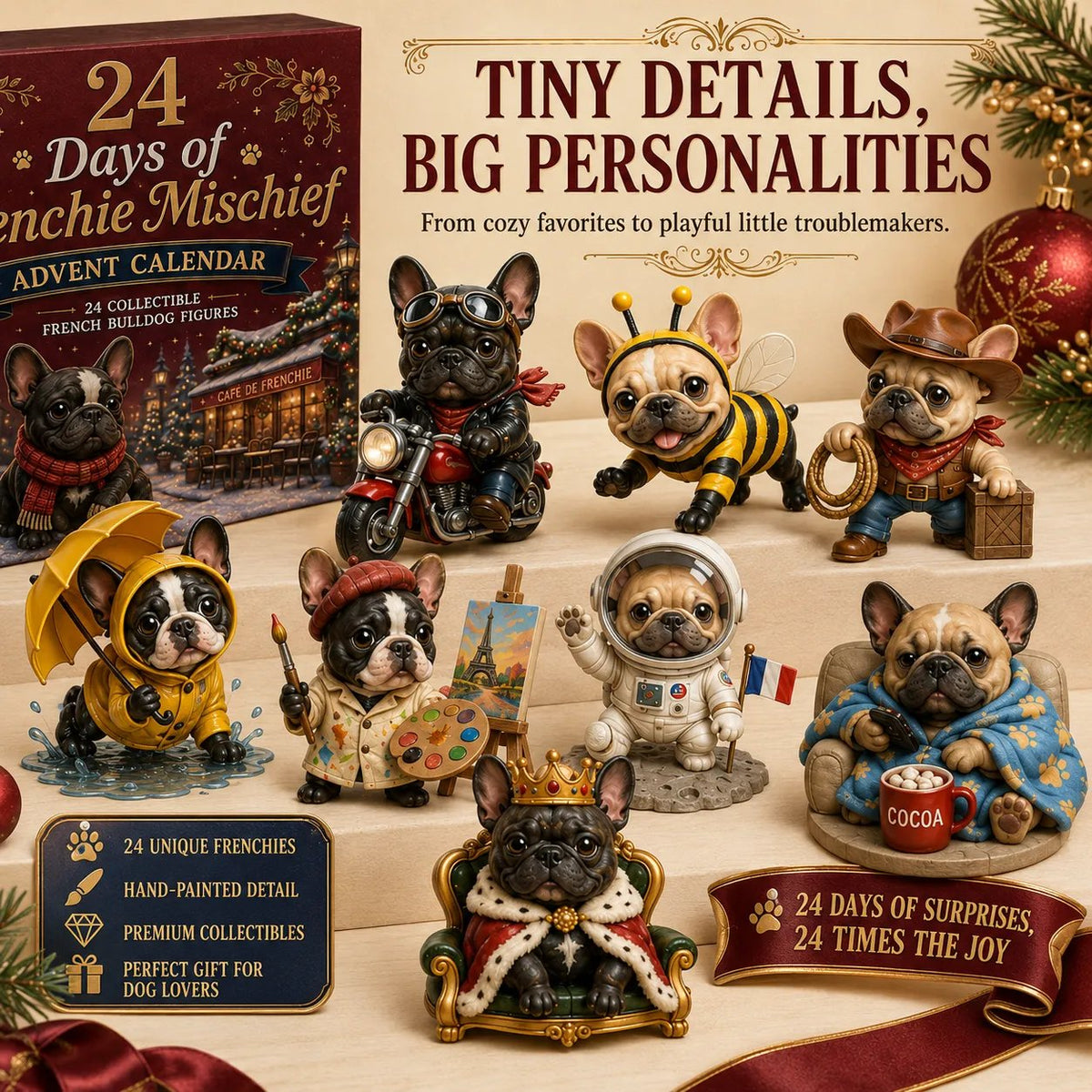 24-Day French Bulldog Christmas Advent Calendar | 24 Unique Collectible Frenchie Characters with Different Outfits, Personalities & Daily Holiday Surprises