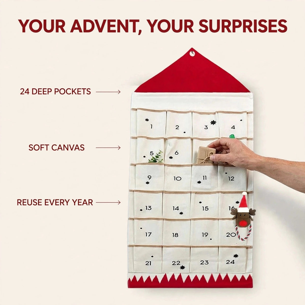 Canvas House Advent Calendar - Reusable Hanging Calendar with 24 Compartments