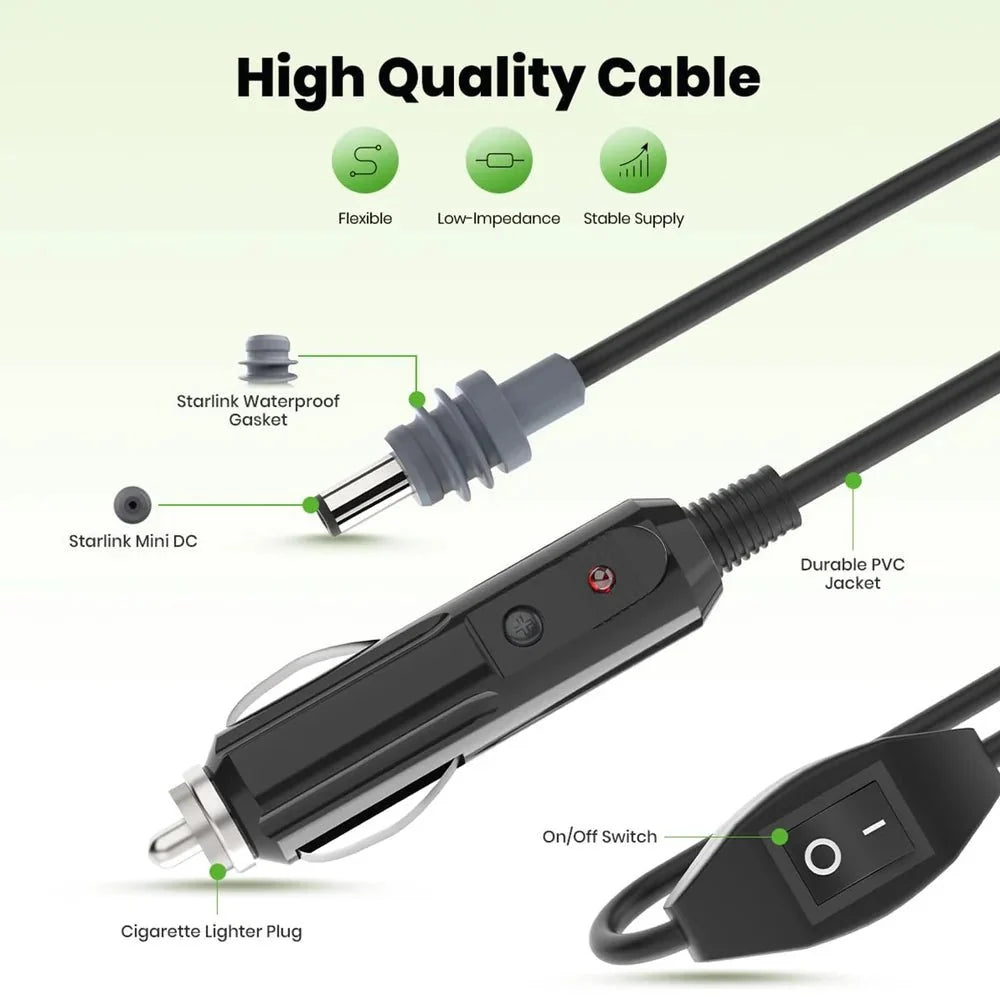 Car Charger to DC Cable with Switch for Starlink Mini (10ft/3M)