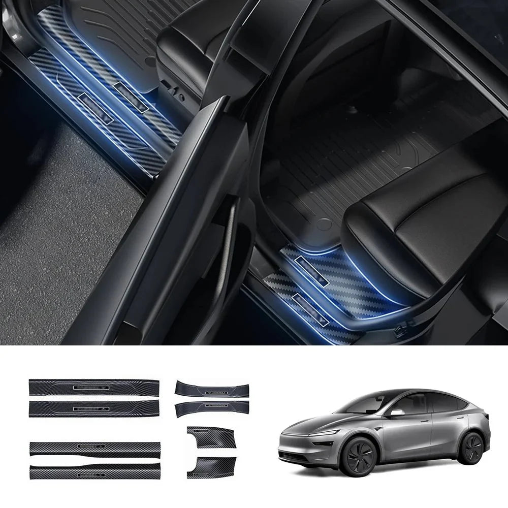 Carbon Fiber Style Door Sill Protector Set (8 Pieces) for Tesla Model Y Juniper 2025+