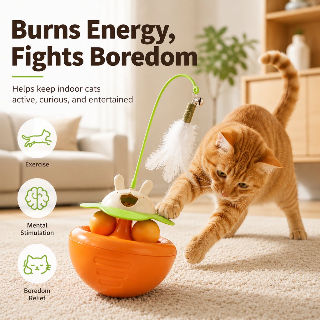 MirokenInteractive Wobble Cat Toy for Indoor Cats - Treat-Dispensing Feather Teaser That Keeps Cats Busy