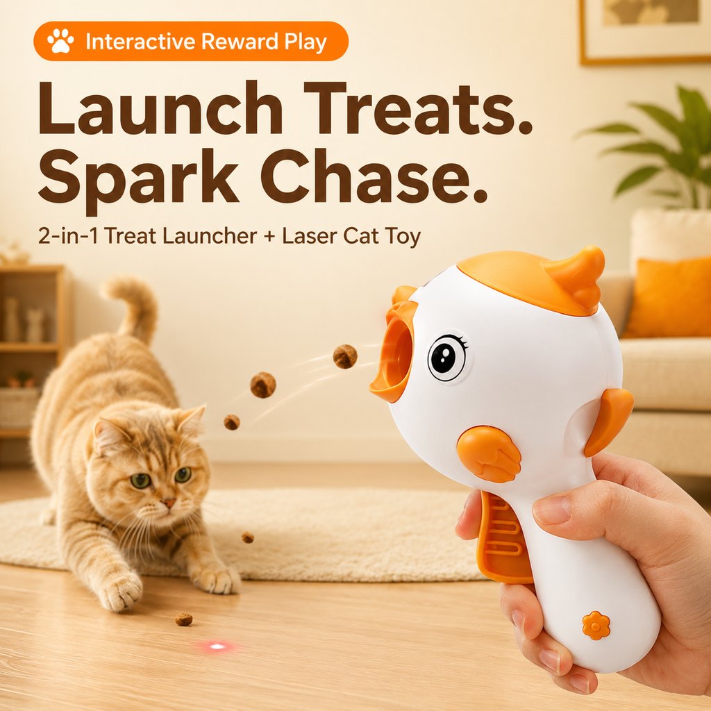 MirokenInteractive Cat Treat Launcher Toy with Laser - Indoor Cat Enrichment Game for Bored Cats, Exercise & Feeding Fun