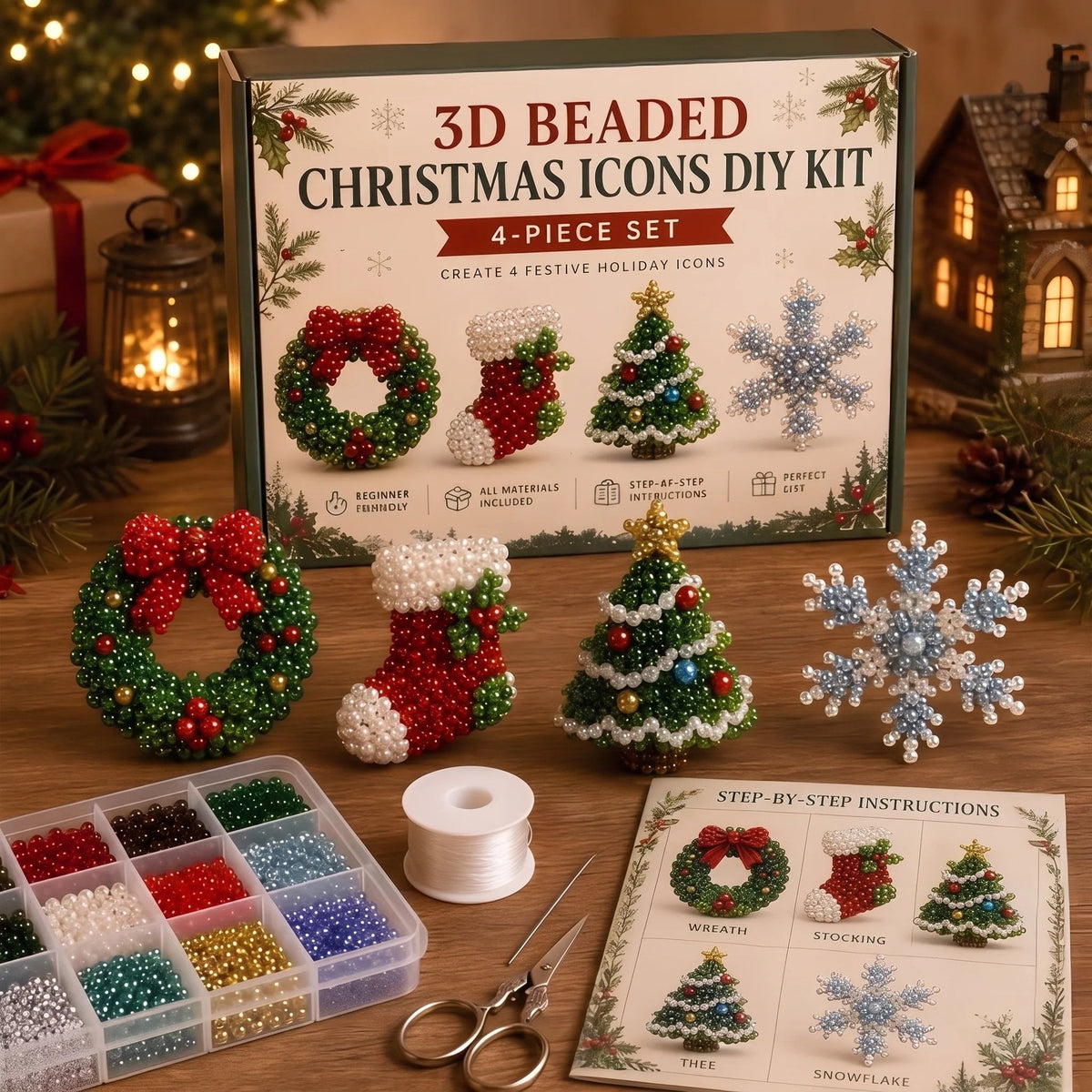 Beginner-Friendly DIY 3D Christmas Beaded Ornament Kit | Complete 4-Piece Set with Glass Beads, All Tools & Step-by-Step Guide Included
