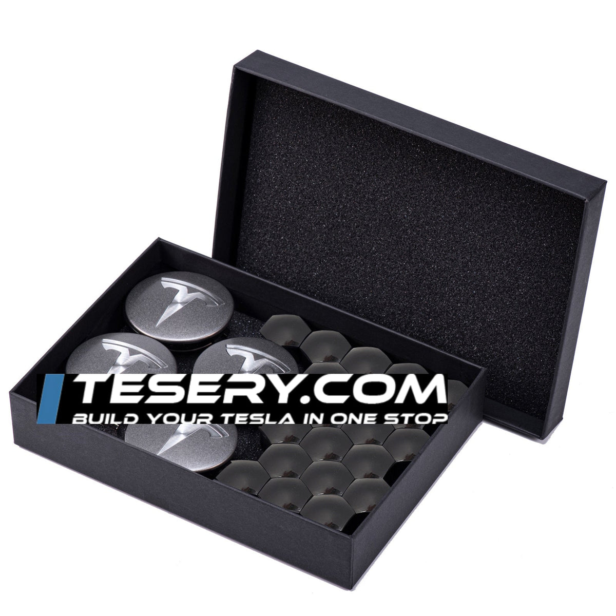 Wheel Center Cap Kit with Puller for Model 3/Y/S/X | 4 Hub Caps + 20 Lug Nut Covers