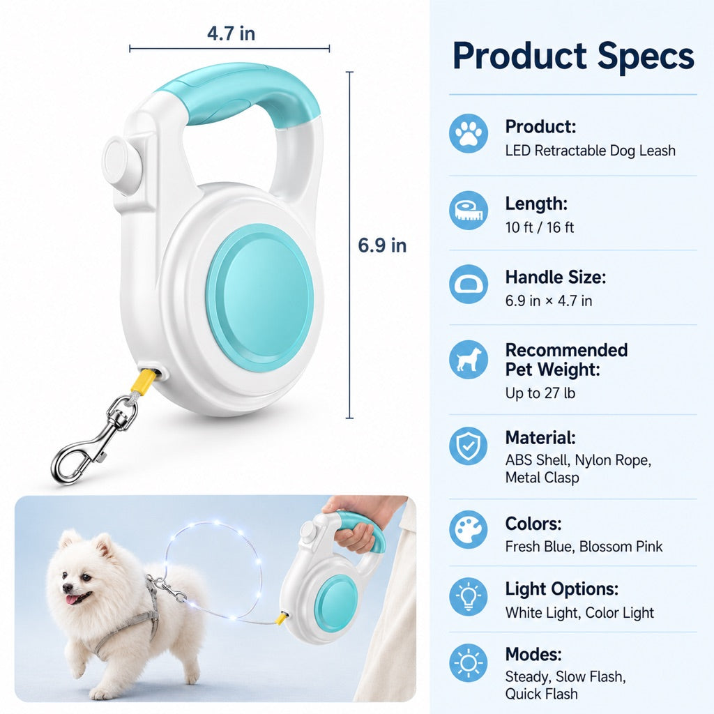 MirokenRechargeable Light-Up Retractable Dog Leash for Night Walks - Helps Small Dogs Stay Visible & Easy to Control