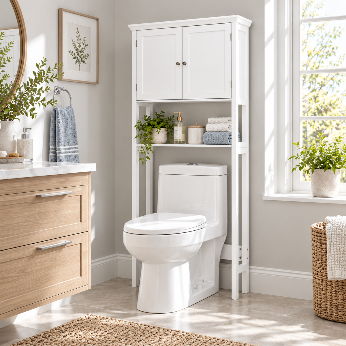 Toilet Storage Space Saver Towel Rack Shelf Modern Bathroom Cabinet Home