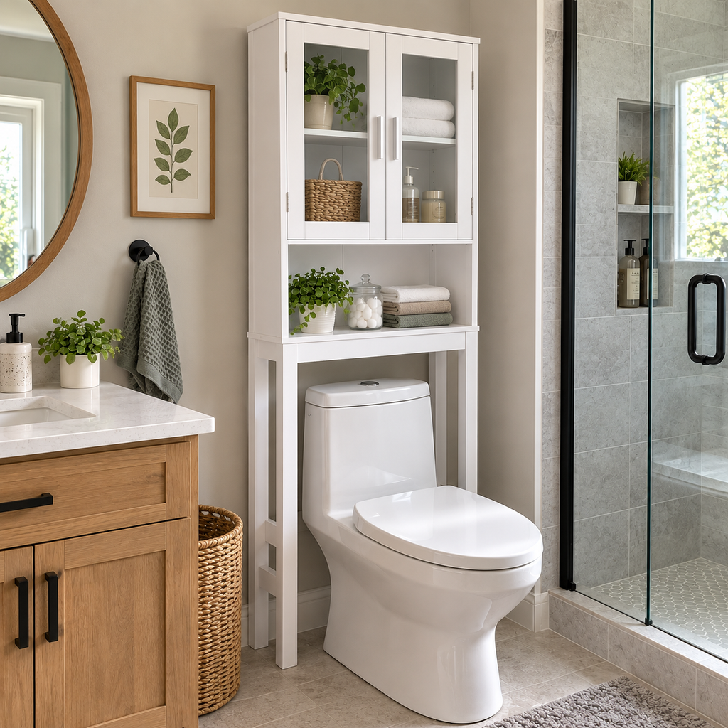 Wooden Over Toilet High Storage Cabinet Spacesaver Organizer