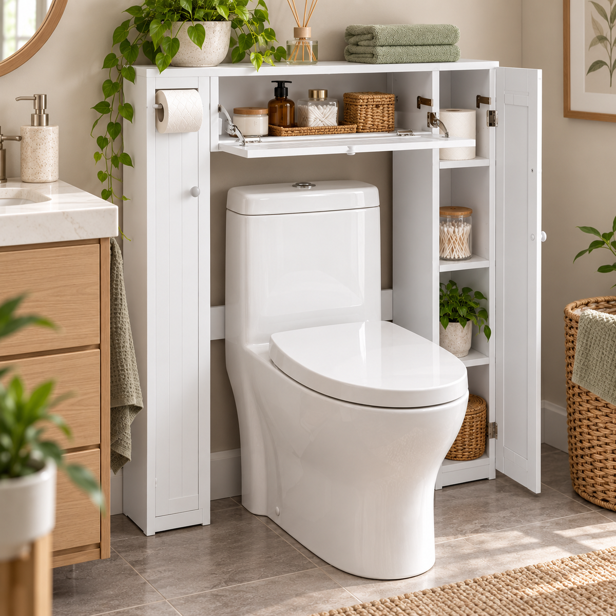 Wooden White Shelf Over The Toilet Storage Cabinet Drop Door Spacesaver Modern Bathroom Cabinets