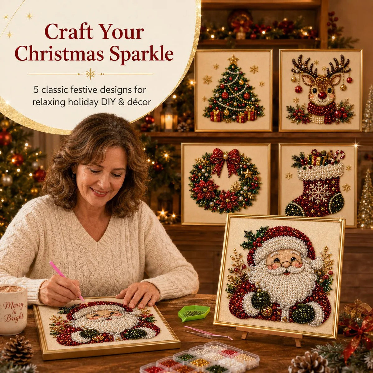 DIY Christmas Pearl Art Kit with Frame – 3D Bead Craft Decor