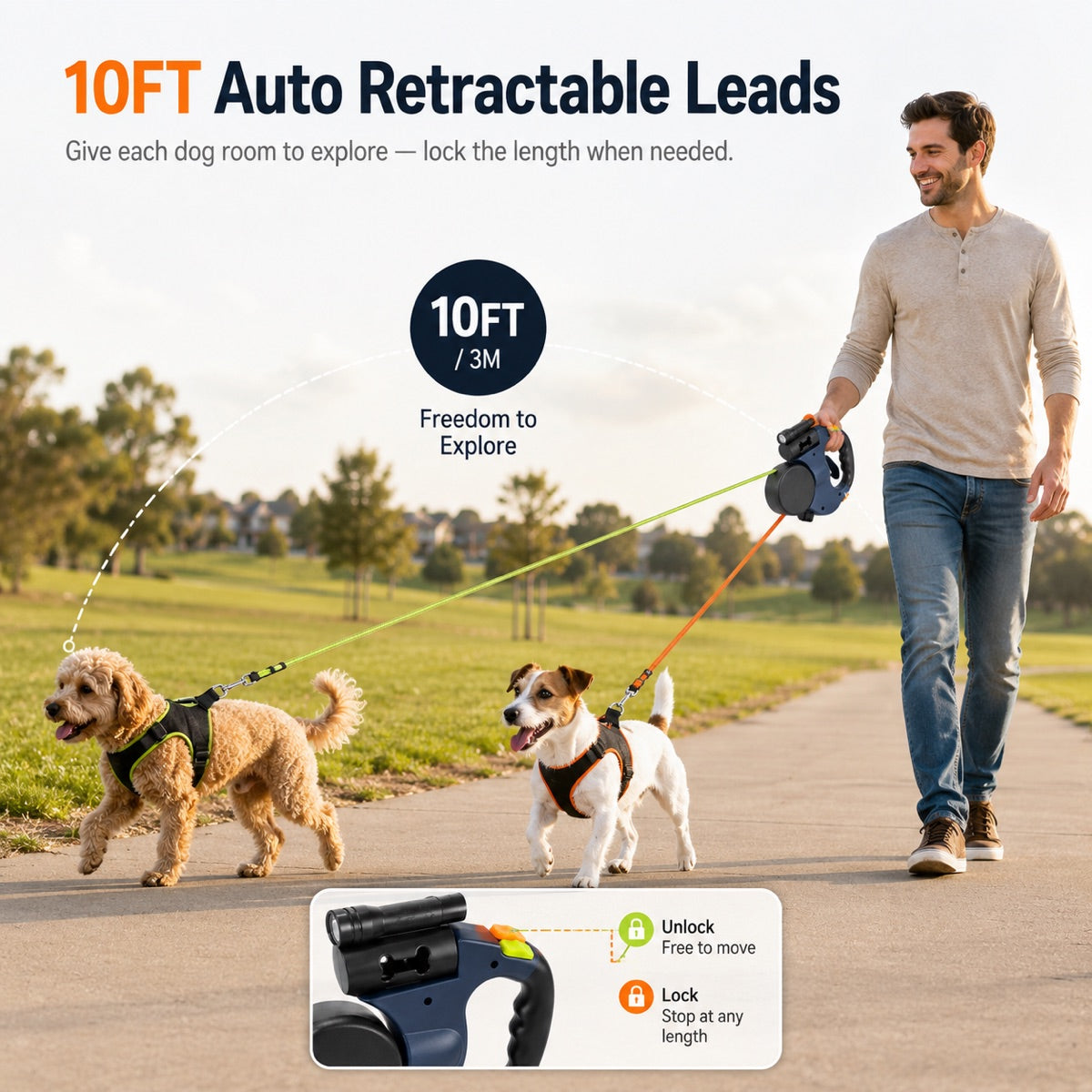 MirokenDual Dog Leash – 360° Tangle-Free Retractable with LED Light & Built-In Poop Bag Holder