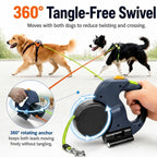 MirokenDual Dog Leash – 360° Tangle-Free Retractable with LED Light & Built-In Poop Bag Holder