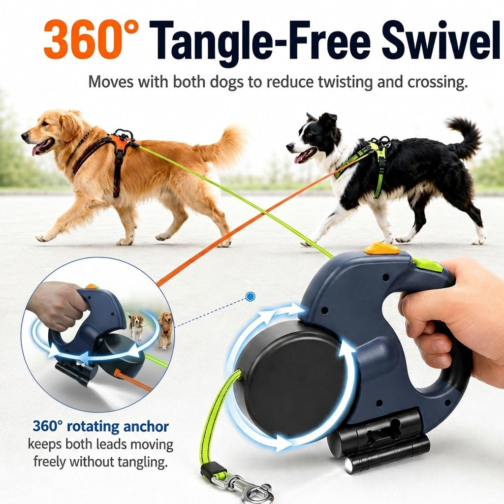 MirokenDual Dog Leash – 360° Tangle-Free Retractable with LED Light & Built-In Poop Bag Holder