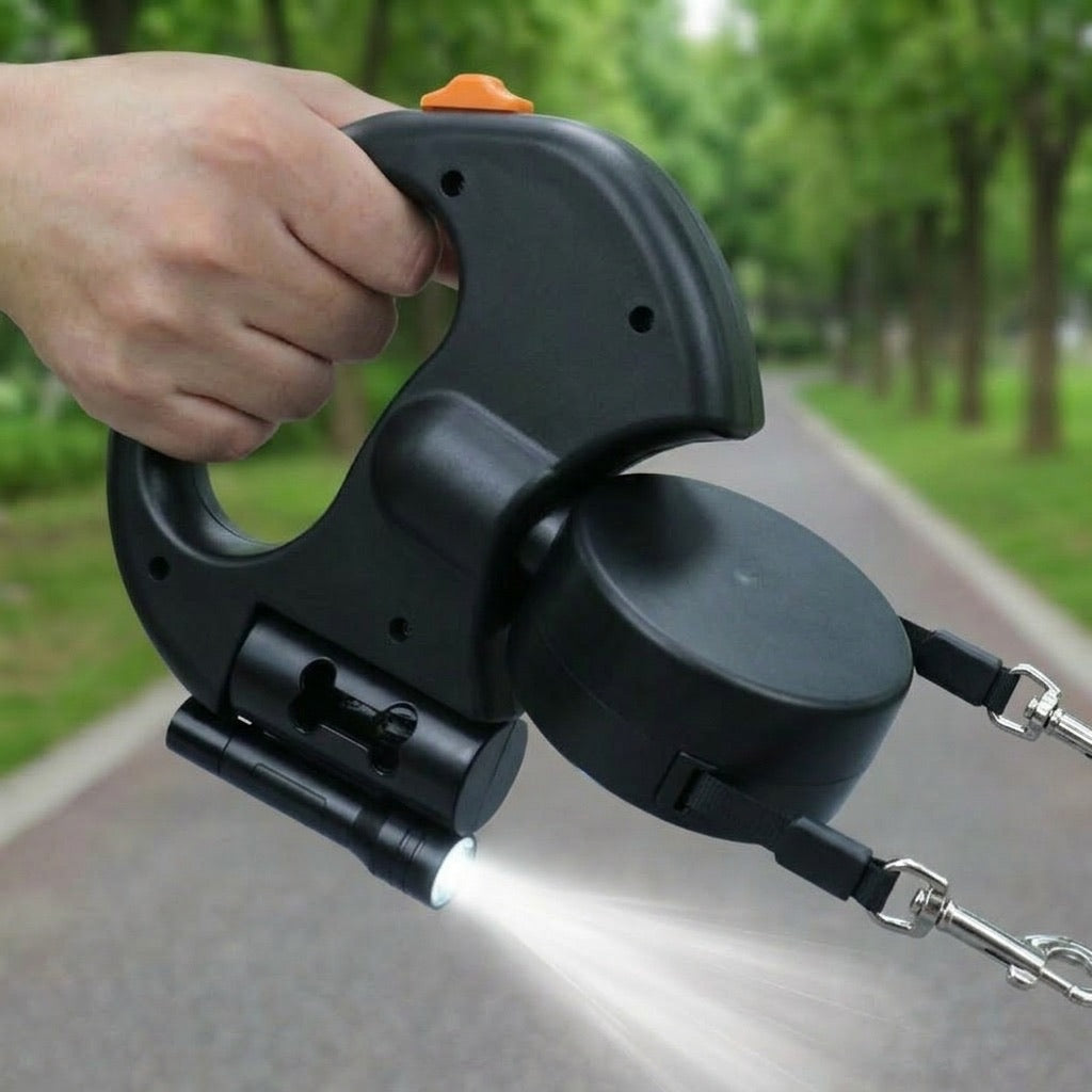 MirokenDual Dog Leash – 360° Tangle-Free Retractable with LED Light & Built-In Poop Bag Holder