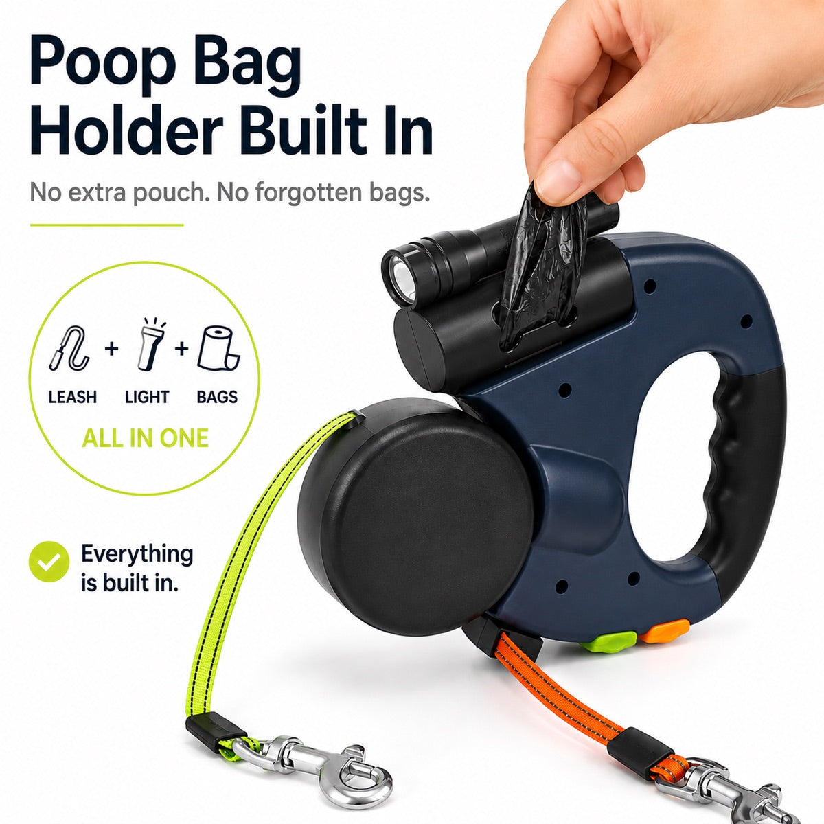 MirokenDual Dog Leash – 360° Tangle-Free Retractable with LED Light & Built-In Poop Bag Holder