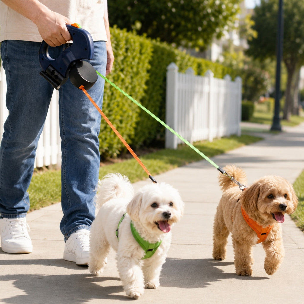MirokenDual Dog Leash – 360° Tangle-Free Retractable with LED Light & Built-In Poop Bag Holder
