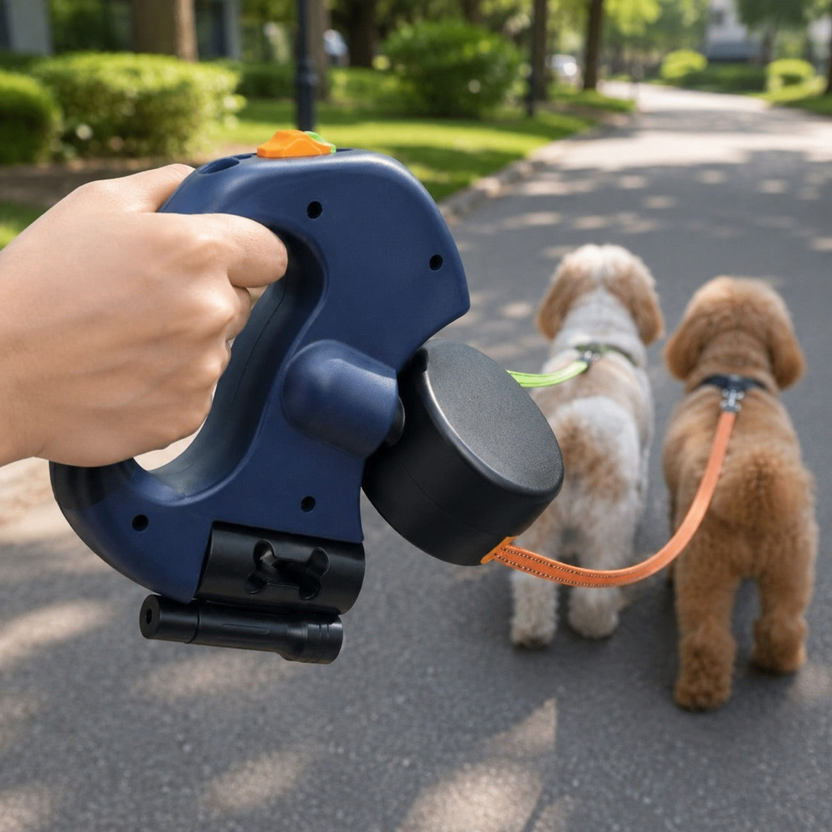 MirokenDual Dog Leash – 360° Tangle-Free Retractable with LED Light & Built-In Poop Bag Holder
