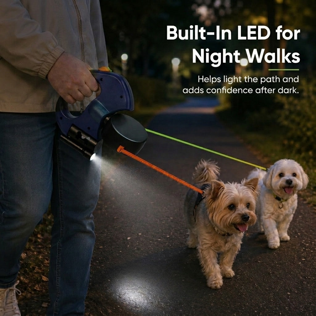 MirokenDual Dog Leash – 360° Tangle-Free Retractable with LED Light & Built-In Poop Bag Holder