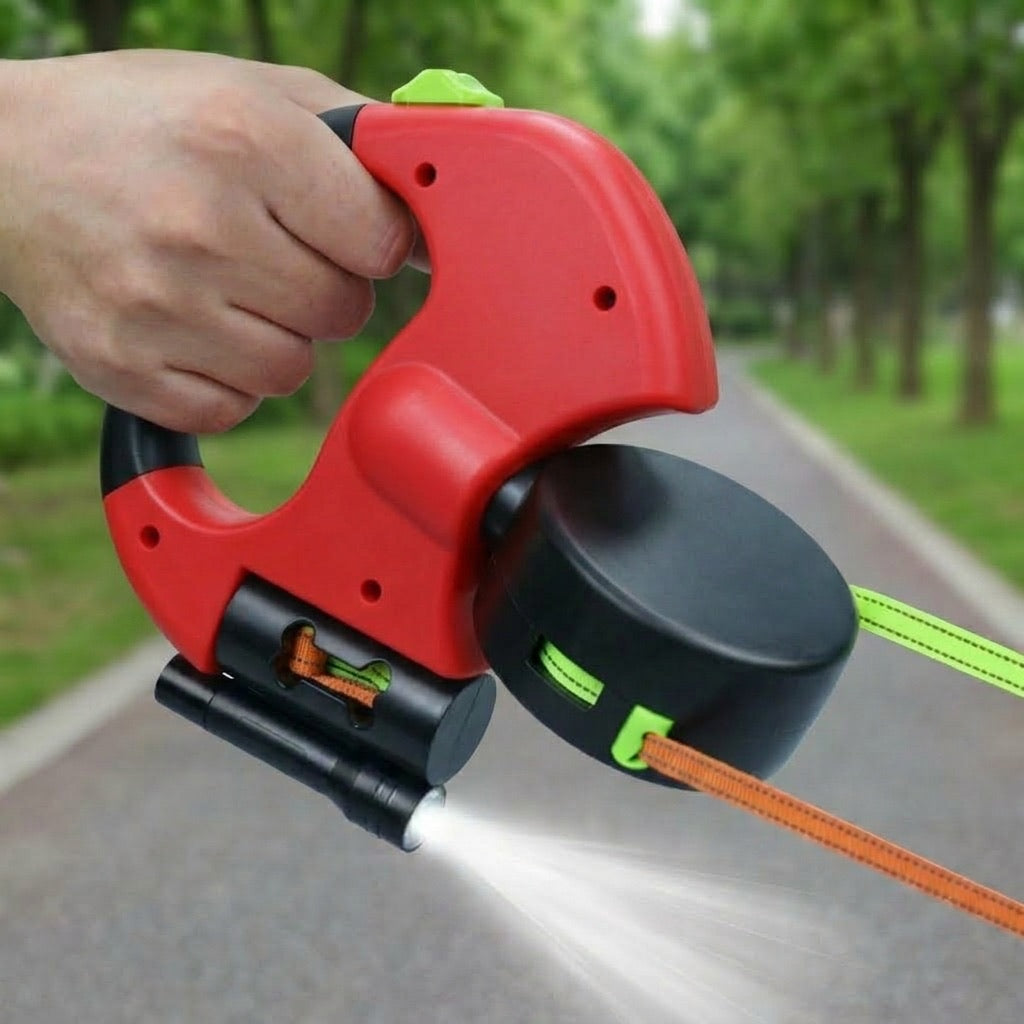 MirokenDual Dog Leash – 360° Tangle-Free Retractable with LED Light & Built-In Poop Bag Holder