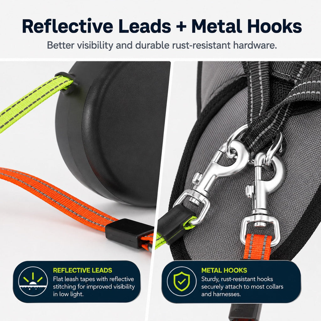 MirokenDual Dog Leash – 360° Tangle-Free Retractable with LED Light & Built-In Poop Bag Holder