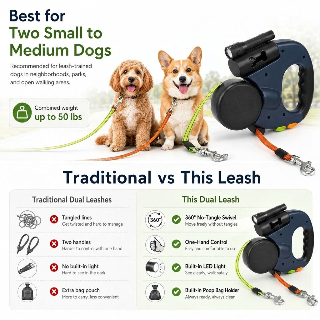 MirokenDual Dog Leash – 360° Tangle-Free Retractable with LED Light & Built-In Poop Bag Holder