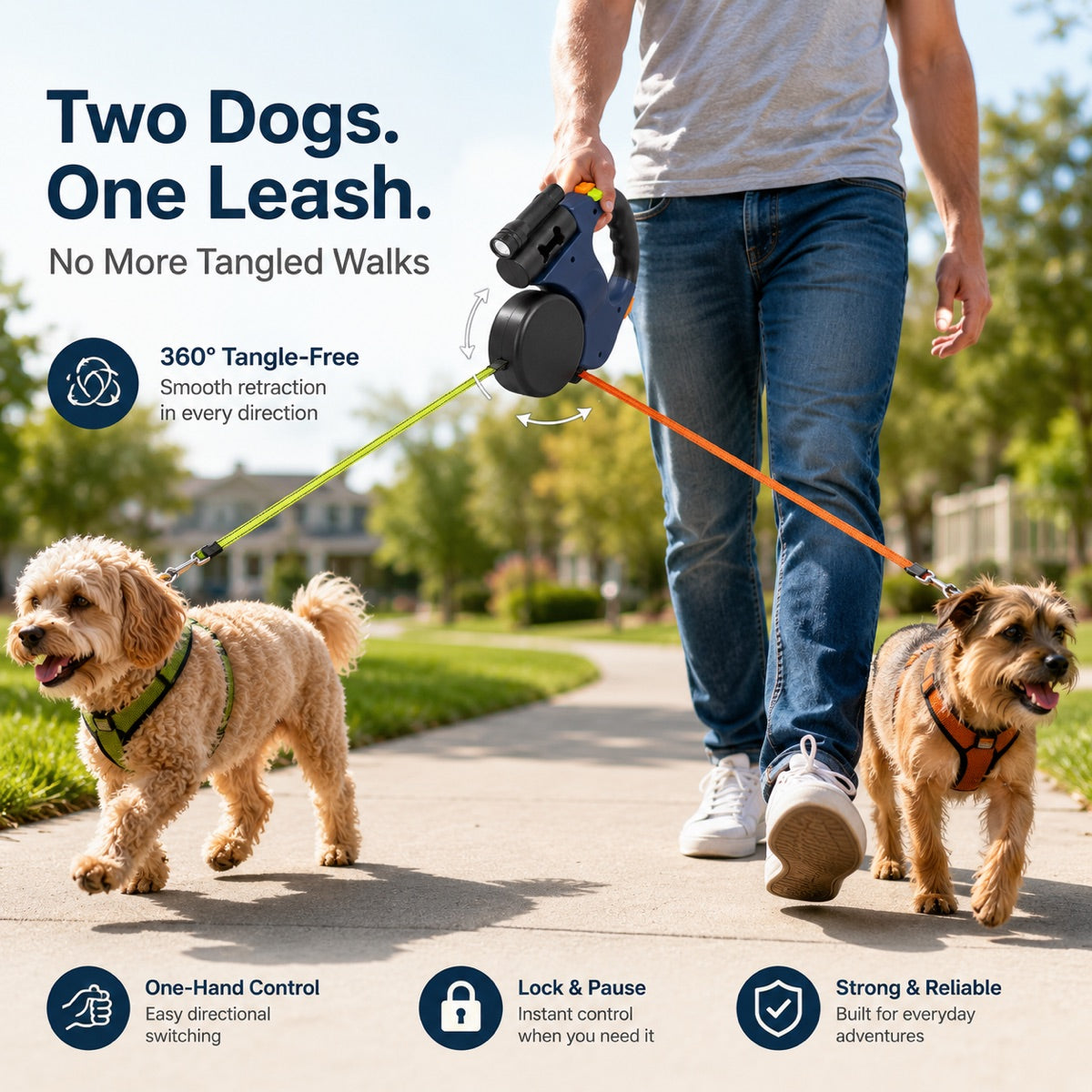 MirokenDual Dog Leash – 360° Tangle-Free Retractable with LED Light & Built-In Poop Bag Holder
