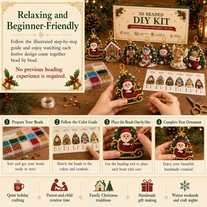 Beginner-Friendly DIY 3D Christmas Beaded Ornament Kit | Complete 4-Piece Set with Glass Beads, All Tools & Step-by-Step Guide Included