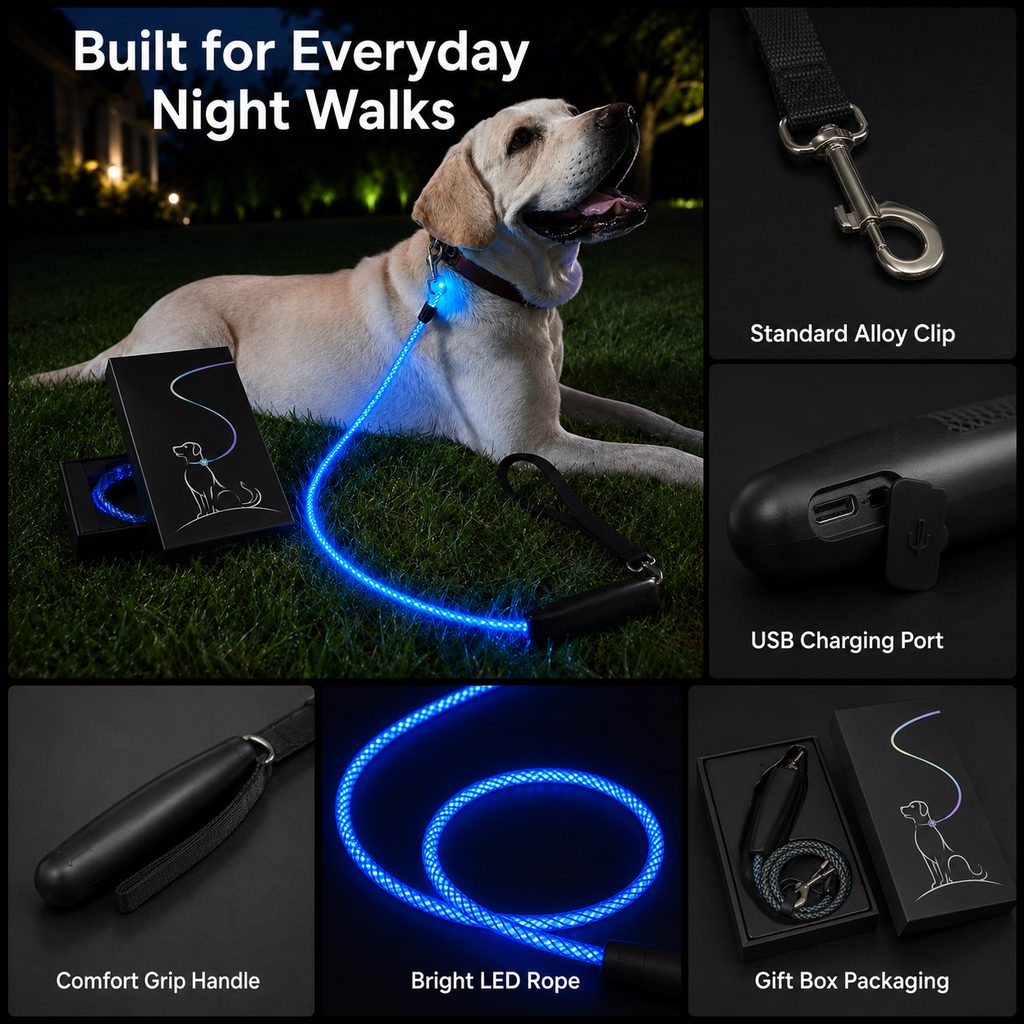MirokenNightGlow LED Light-Up Dog Leash for Night Walks - USB Rechargeable Safety Leash That Helps Your Dog Stay Visible in the Dark