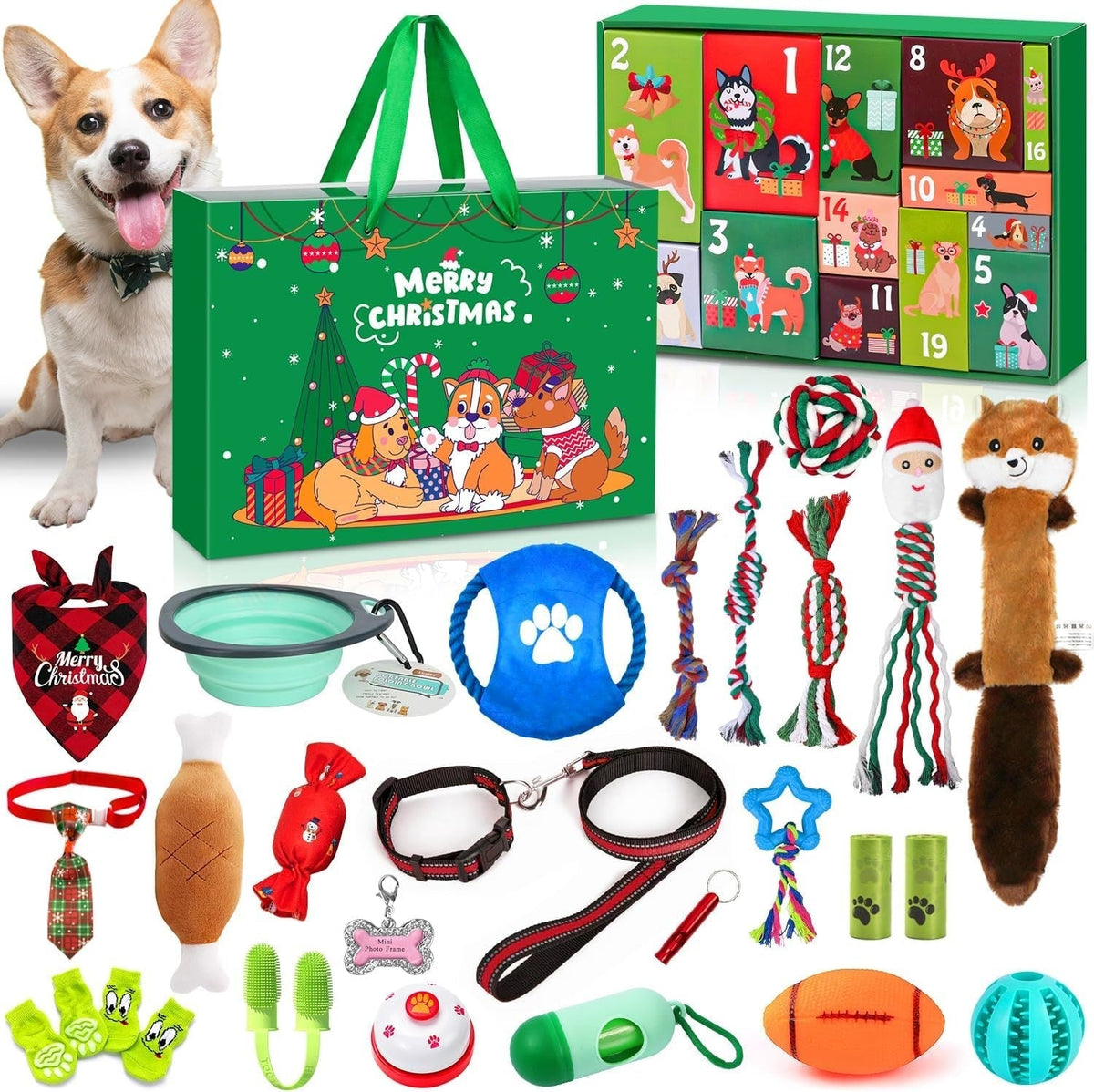 Dog Advent Calendar 2026 - 24 Toys, Collar, Leash and Treat Pouch
