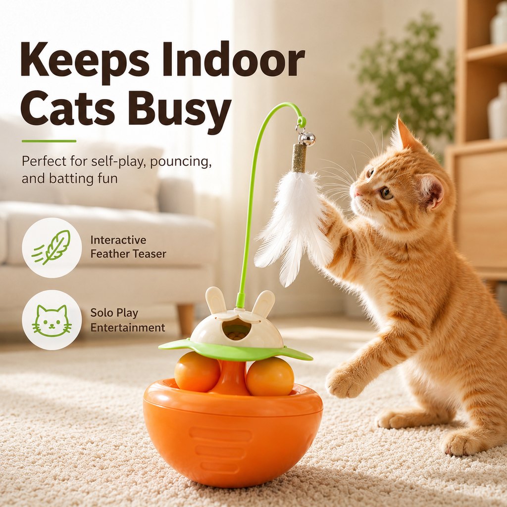 MirokenInteractive Wobble Cat Toy for Indoor Cats - Treat-Dispensing Feather Teaser That Keeps Cats Busy