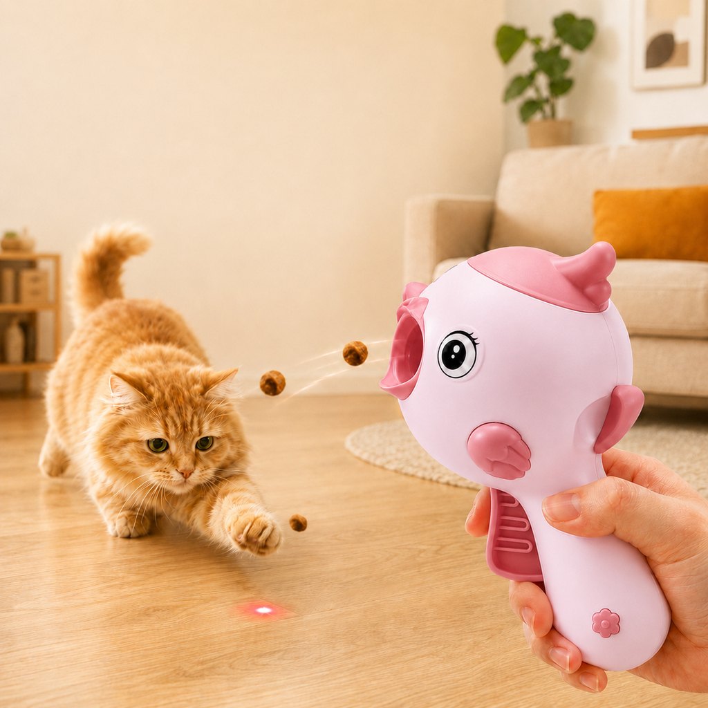 MirokenInteractive Cat Treat Launcher Toy with Laser - Indoor Cat Enrichment Game for Bored Cats, Exercise & Feeding Fun