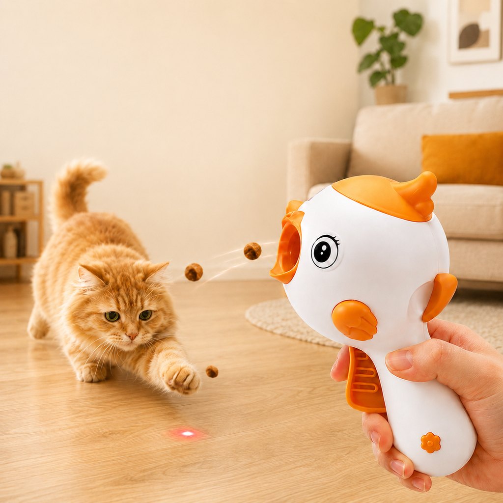 MirokenInteractive Cat Treat Launcher Toy with Laser - Indoor Cat Enrichment Game for Bored Cats, Exercise & Feeding Fun