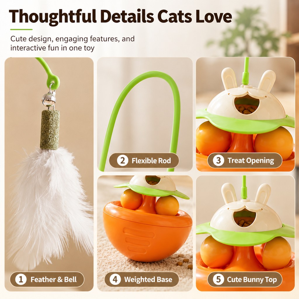 MirokenInteractive Wobble Cat Toy for Indoor Cats - Treat-Dispensing Feather Teaser That Keeps Cats Busy