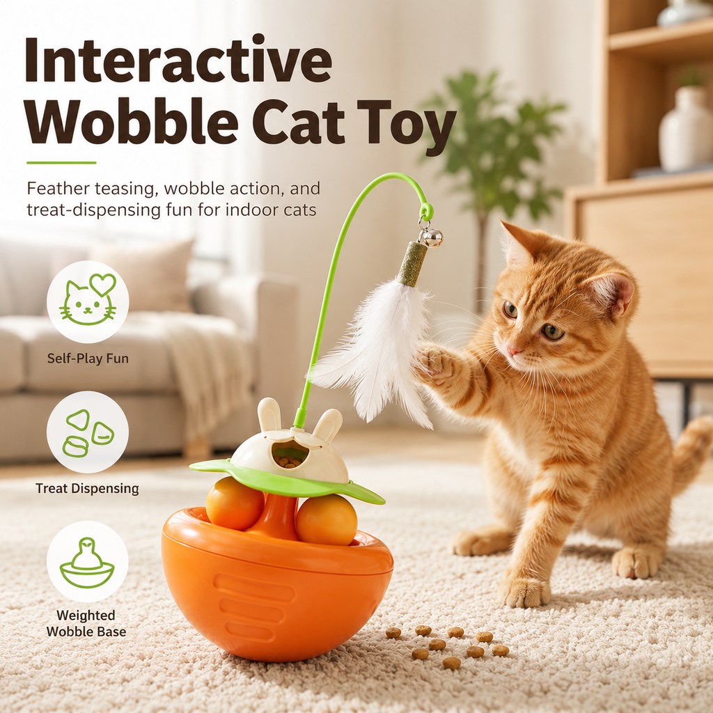 MirokenInteractive Wobble Cat Toy for Indoor Cats - Treat-Dispensing Feather Teaser That Keeps Cats Busy