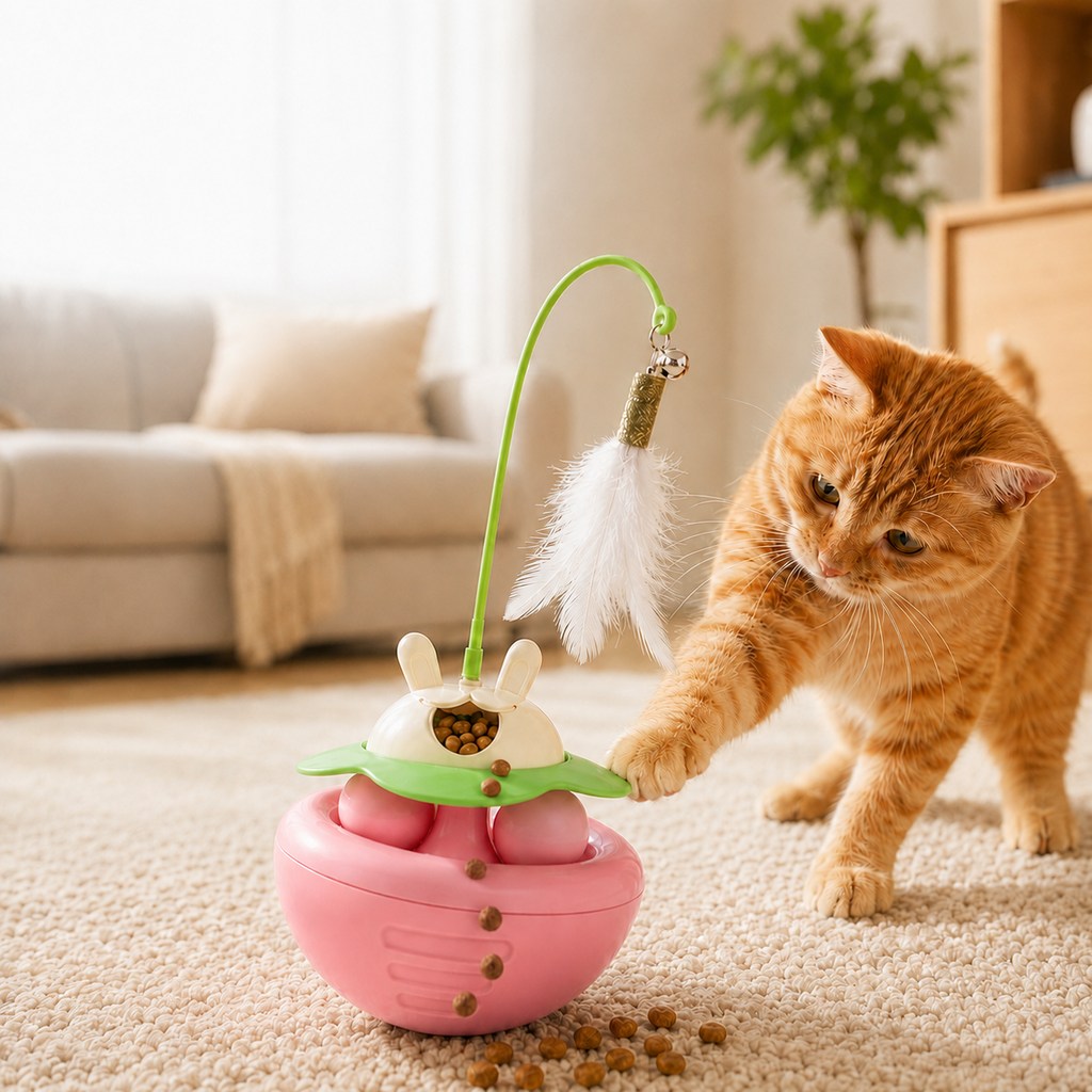 MirokenInteractive Wobble Cat Toy for Indoor Cats - Treat-Dispensing Feather Teaser That Keeps Cats Busy
