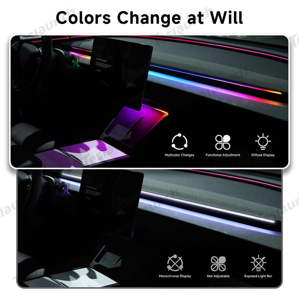 Interior LED Ambient Lights with App Control for Tesla 2024+ Model 3 Highland – Dashboard & Wireless Charging Frame