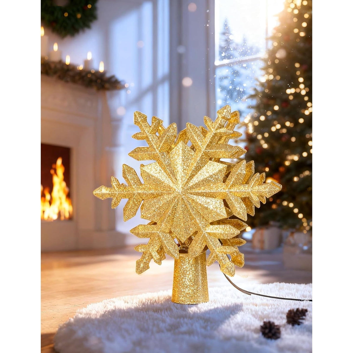 Christmas Tree Topper with Rotating Snowflake Projector - Gold Glitter Snowflake