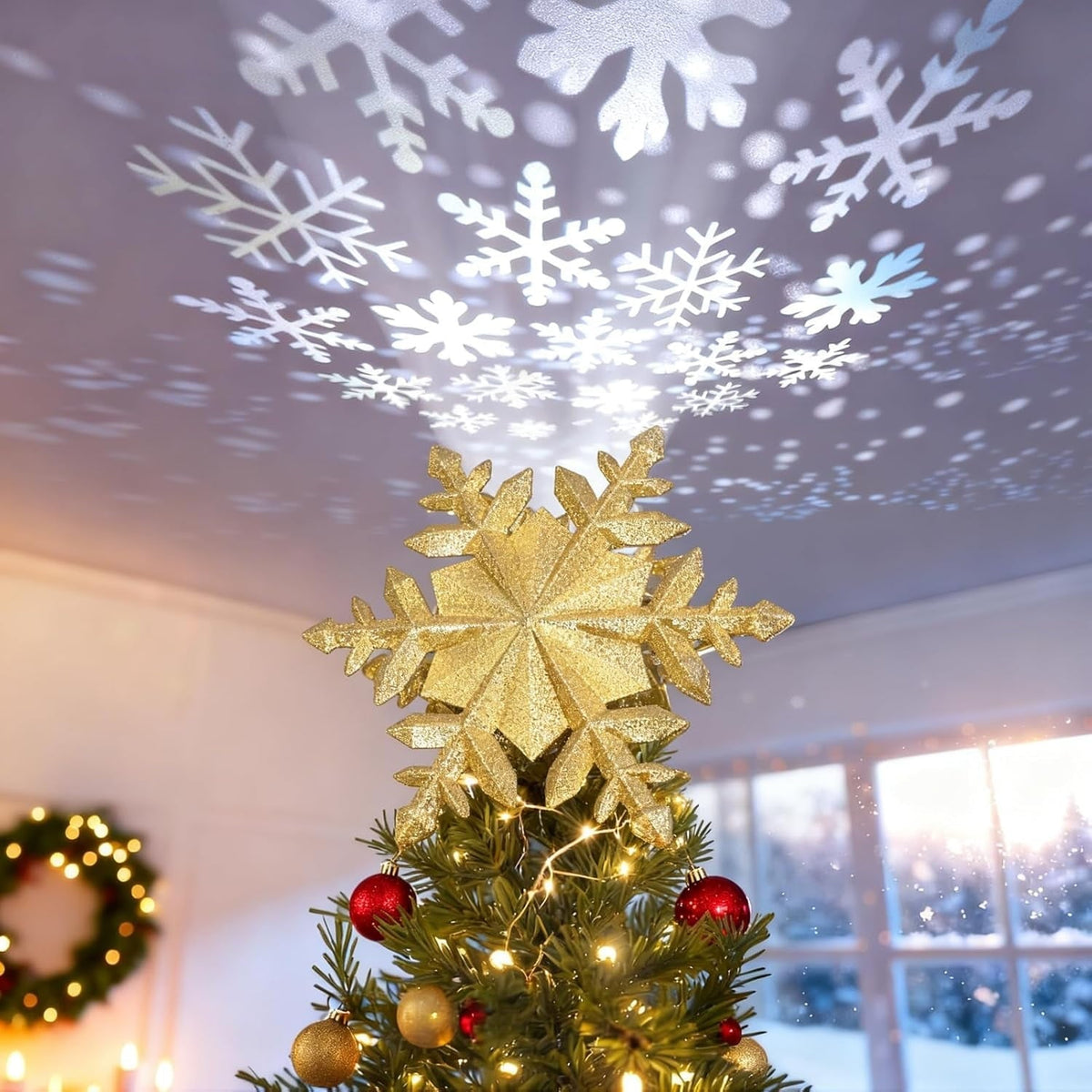 Christmas Tree Topper with Rotating Snowflake Projector - Gold Glitter Snowflake