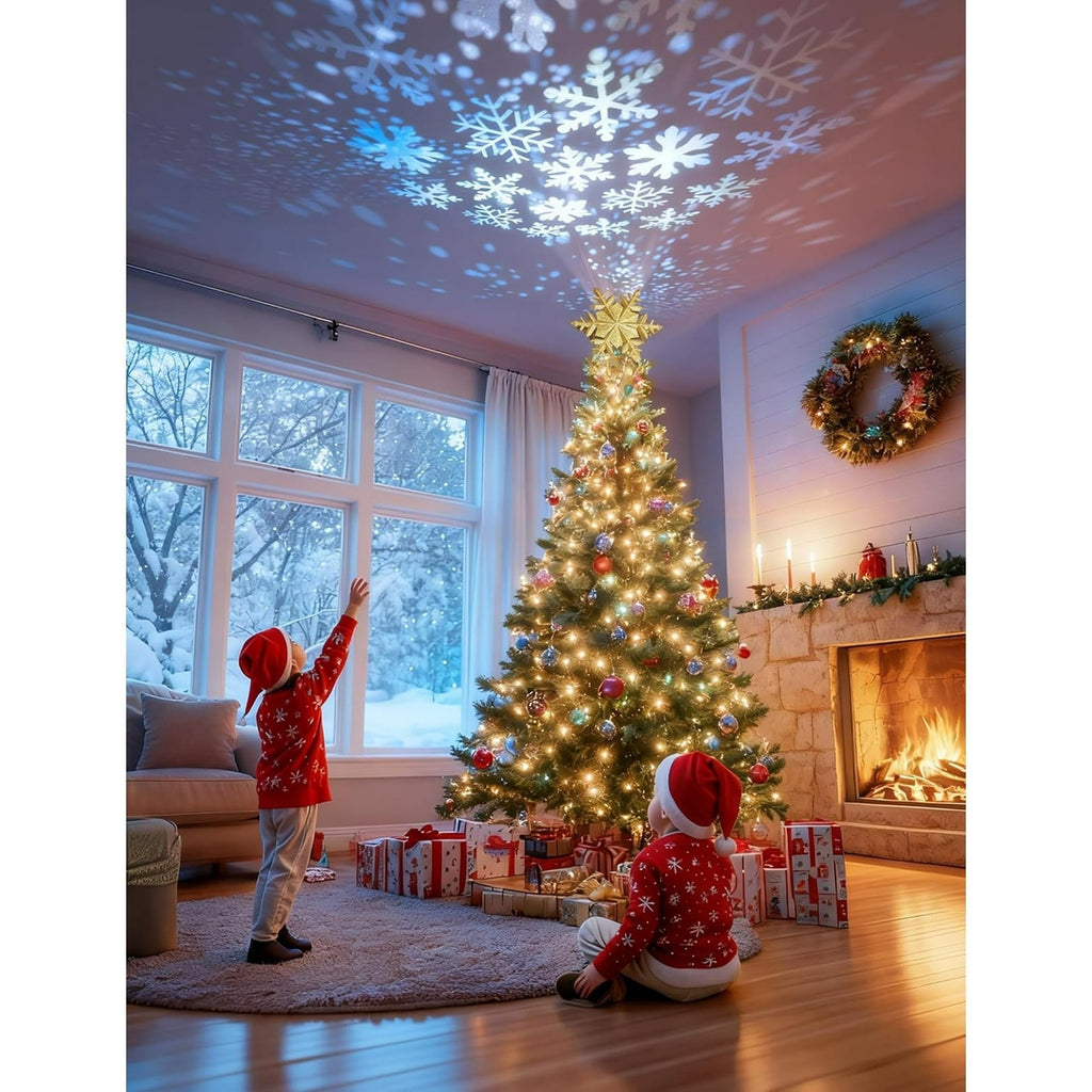 Christmas Tree Topper with Rotating Snowflake Projector - Gold Glitter Snowflake