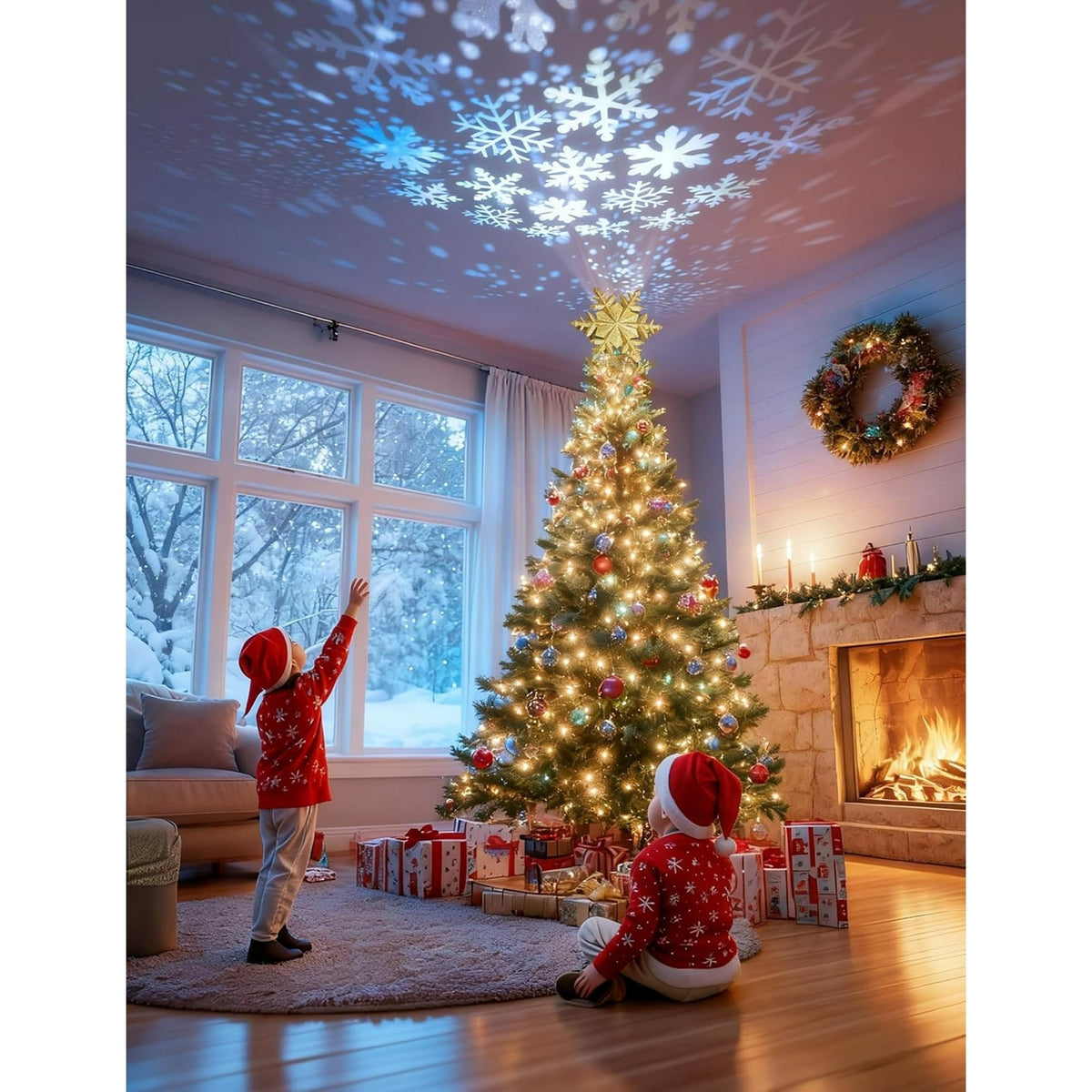 Christmas Tree Topper with Rotating Snowflake Projector - Gold Glitter Snowflake