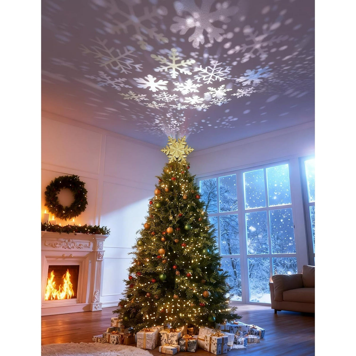 Christmas Tree Topper with Rotating Snowflake Projector - Gold Glitter Snowflake