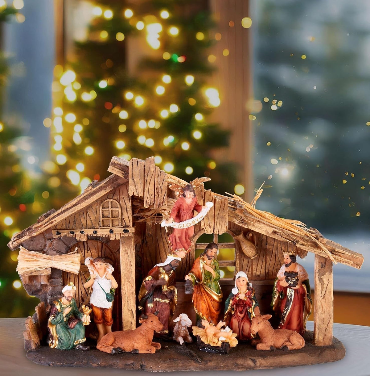Nativity Scene with 11 Hand-Painted Resin Figures