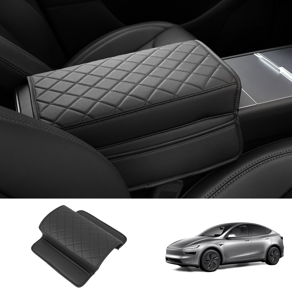 Leather Center Armrest Cover with Side Pockets for Tesla Model Y Juniper 2025+