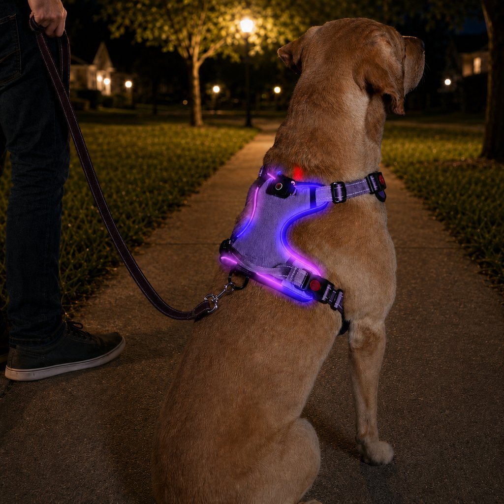 MirokenRechargeable LED Dog Harness for Night Walks - Back-Panel Glow & Reflective Webbing for Better Low-Light Visibility