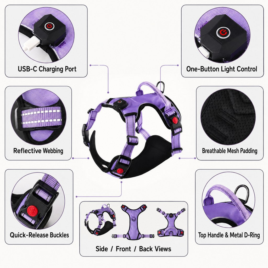 MirokenRechargeable LED Dog Harness for Night Walks - Back-Panel Glow & Reflective Webbing for Better Low-Light Visibility
