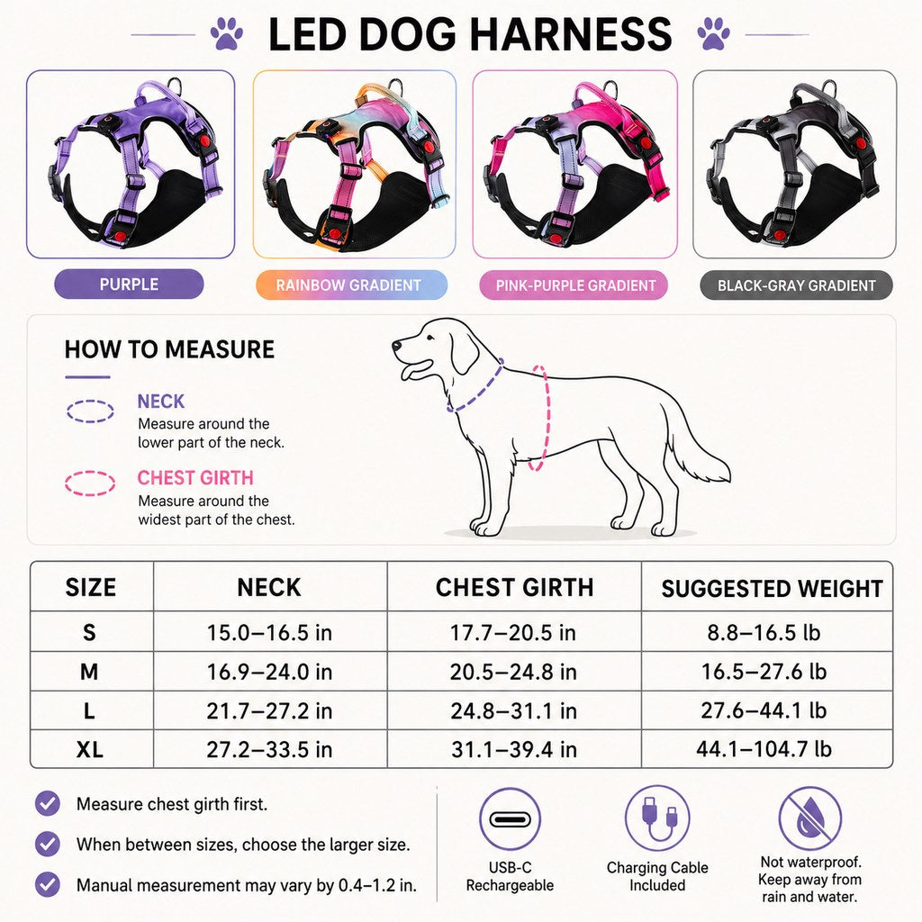 MirokenRechargeable LED Dog Harness for Night Walks - Back-Panel Glow & Reflective Webbing for Better Low-Light Visibility